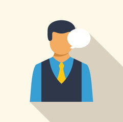 Businessman wearing a suit and tie is speaking, with a speech bubble indicating communication