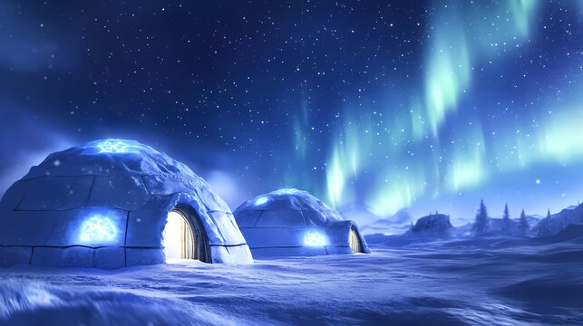 Tranquil arctic night igloos illuminated by the northern lights in a serene winter landscape. Traditional Inuit Igloo. Illustration