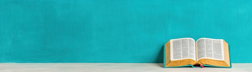 Obraz premium Open Bible on Teal Background Christian Religious Faith Hope Inspiration Belief