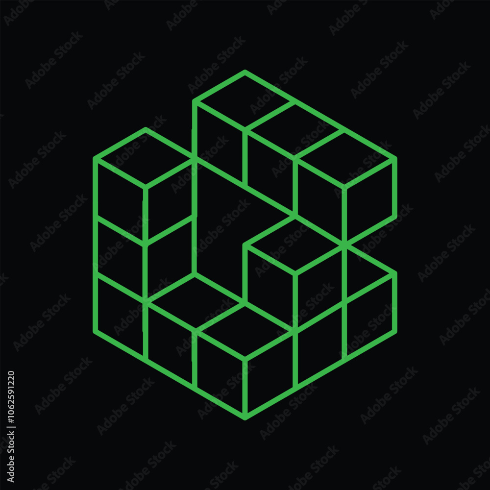 Poster an abstract line design logo of cubes in hexagonal shape in green color on a black background