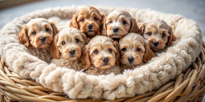 Adorable Tiny Newborn Cockapoo Doodle Puppies in Cozy Nest, Heartwarming Documentary Photography of Cute Puppies, Fluffy Fur and Playful Expressions Captured in Natural Light