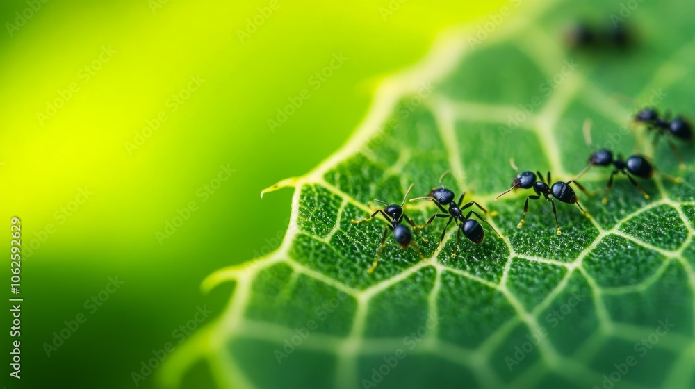 Poster tiny ants gathering on a leaf close-up