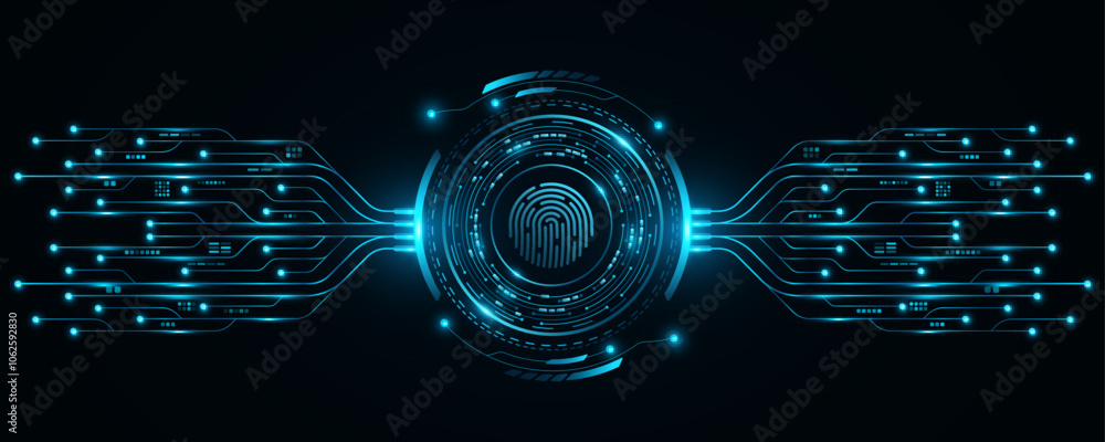 Poster user fingerprint scan with glowing hud circle and electronic computer elements. biometric data secur