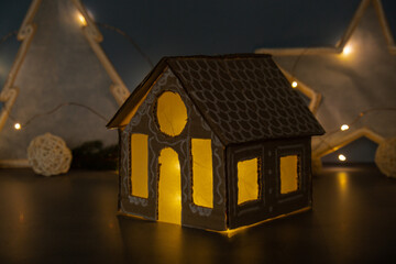 Cardboard Lantern handmade house Storytelling creating craft Christmas holiday decoration. Tactile...