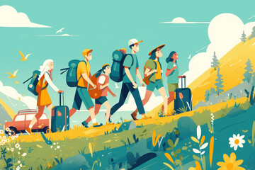 Happy Travelers Group Illustration with Backpacks and Luggage
