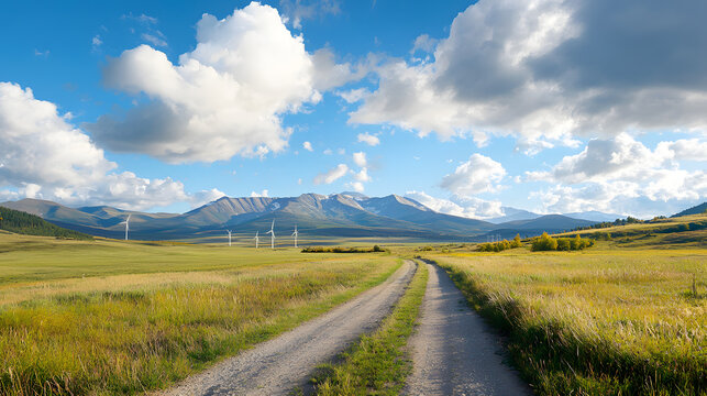 Breathtaking landscape of rolling hills and wind turbines under a stunning sky with fluffy clouds