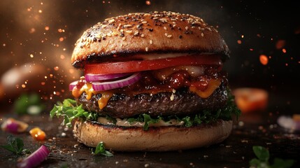 Fast food burger poster, burger design service promotion template. Burger flyer for restaurant menu, cafe, etc. Generative Ai.