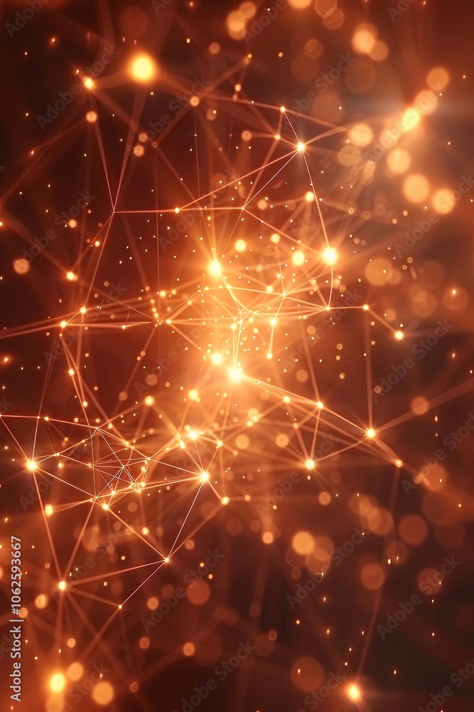 Poster a vivid orange background features intricate network patterns illuminated by bright particles, creat