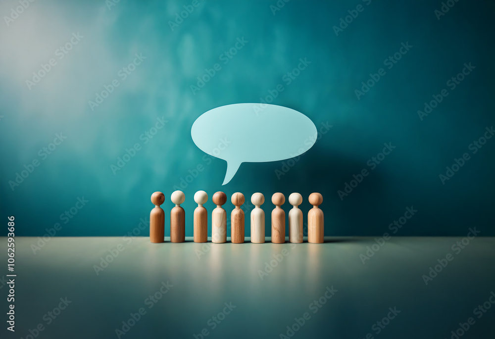 Aufkleber a row of wooden figures stand in front of a teal background with a speech bubble above them.