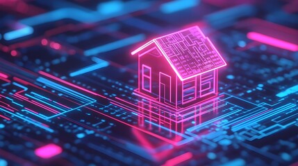 Obraz premium Neon House on Circuit Board