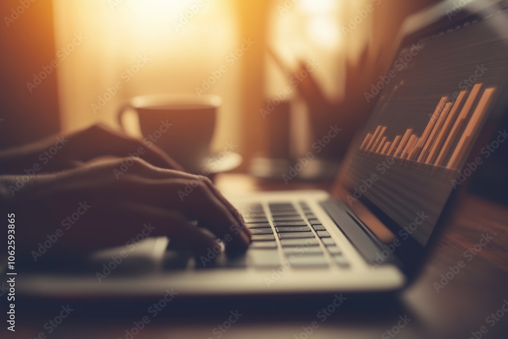 Poster hands typing on laptop displaying bar chart