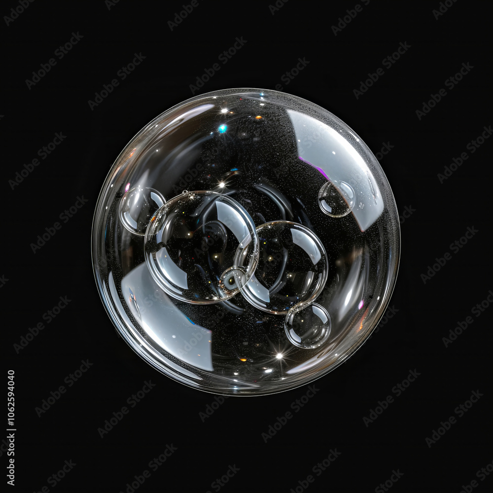 Poster a cluster of delicate soap bubbles floating gracefully, capturing and reflecting colorful light agai