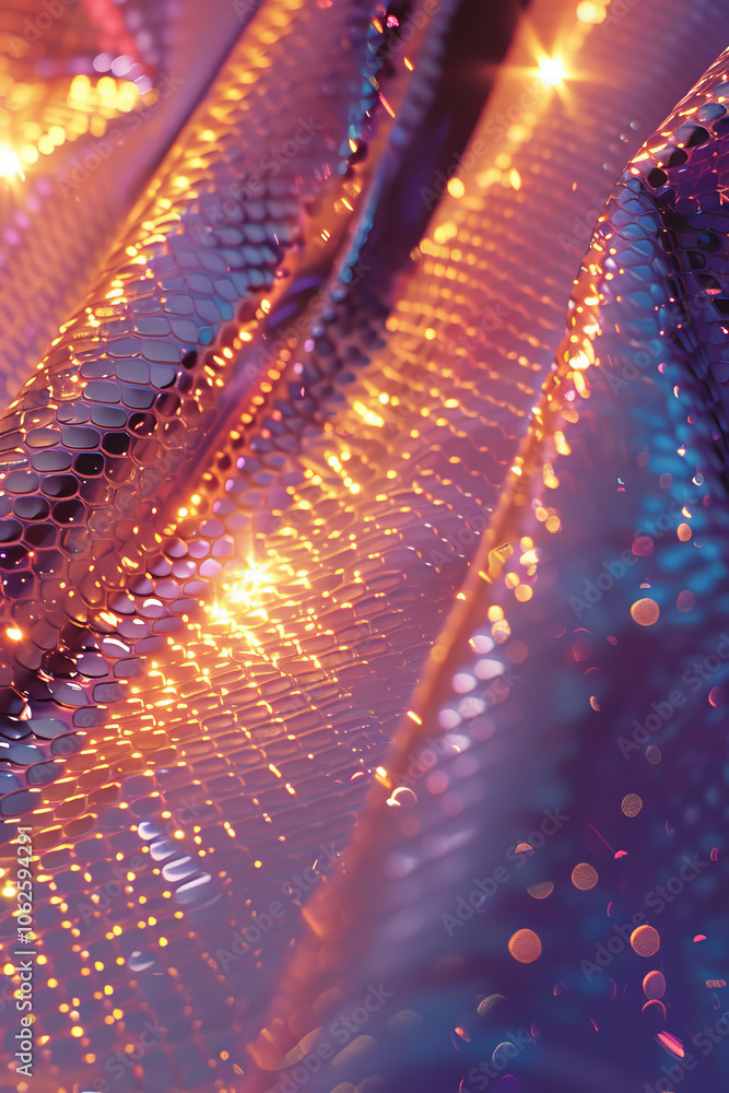 Poster a close-up view of shimmering metallic fabric reflecting vibrant light patterns, creating an enchant