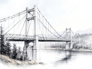 Fototapeta premium A beautiful sketch of a suspension bridge surrounded by trees and mountains, capturing nature's tranquility and architectural elegance.