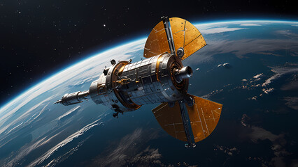 a space satellite ship environment. Show a detailed spacecraft with metallic textures, antennas, and solar panels, floating in the vastness of space