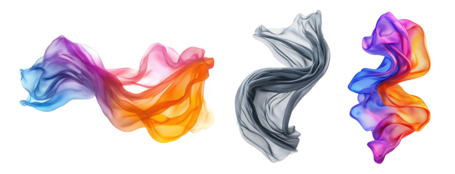 Dynamic silk ribbons in vibrant colors swirl gracefully in air, showcasing fluid motion and elegance. interplay of light and fabric creates captivating visual experience