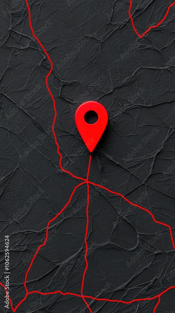 Poster red pin on black wrinkled map with red lines for navigation and location concept