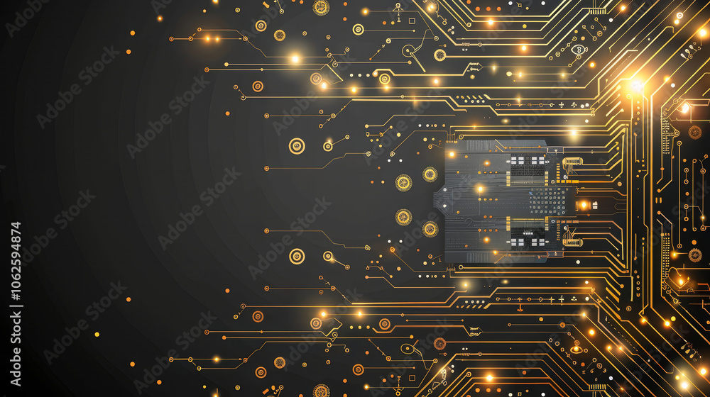Poster copy spacea striking display of a circuit board with golden lines and glowing nodes against a dark b