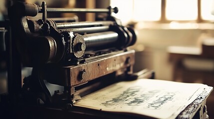 Fototapeta premium High-quality printing machine in action, showcasing the precision and efficiency of modern printing technology. This industrial equipment demonstrates its capability to handle large-scale prints, 