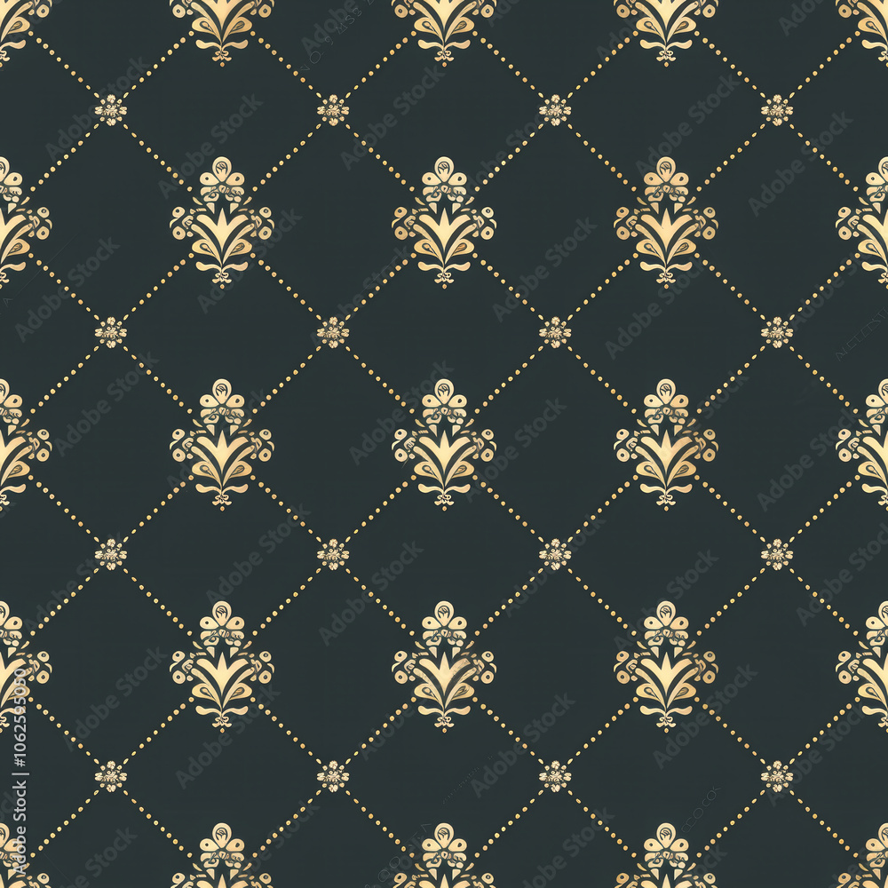 Poster the intricate design features a gold floral motif laid out in a diamond pattern against a deep dark 