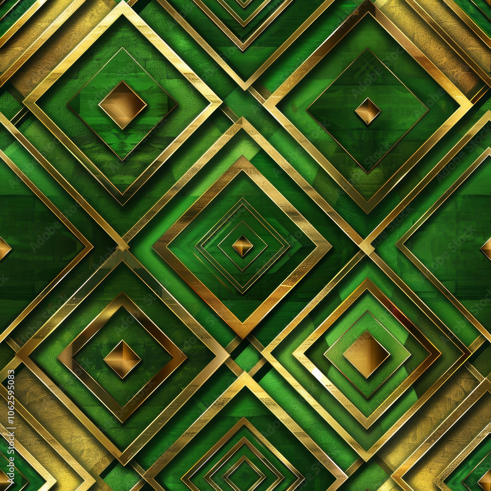 Poster a vibrant geometric pattern featuring alternating green and gold diamond shapes creates a striking v