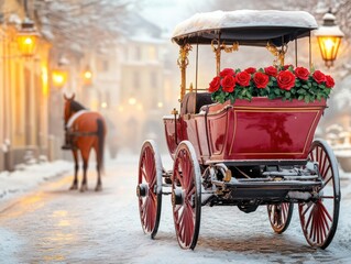 A charming winter scene featuring a vintage horse-drawn carriage adorned with roses on a snowy street.