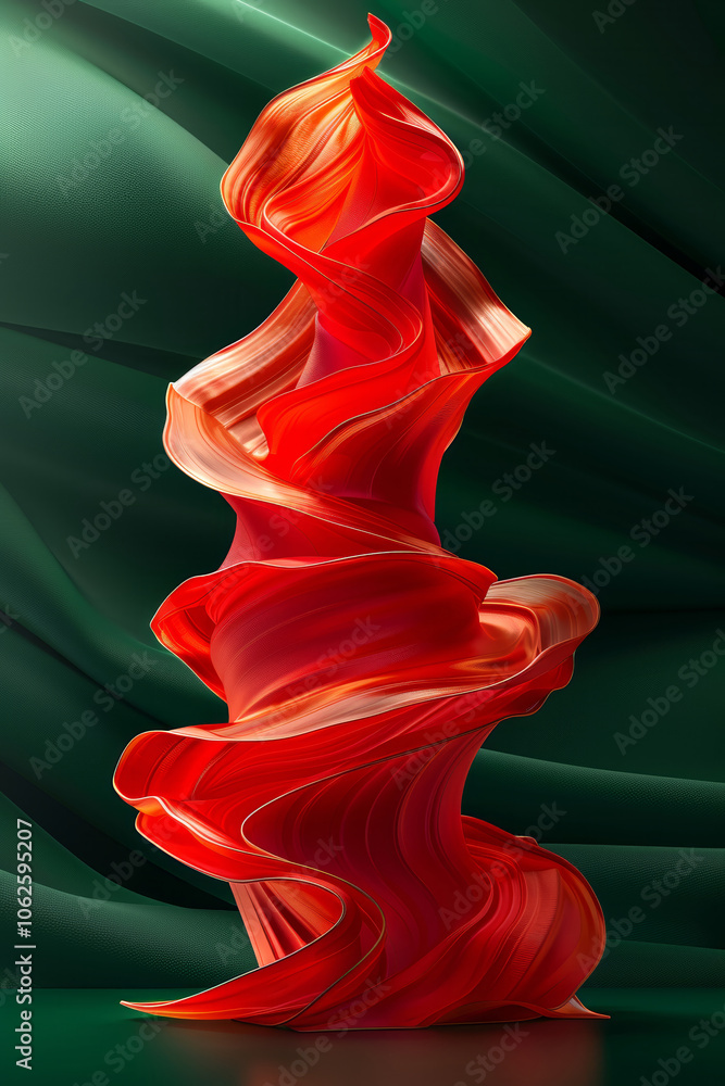 Poster a vibrant sculpture made of flowing red material twists elegantly against a rich dark green backdrop