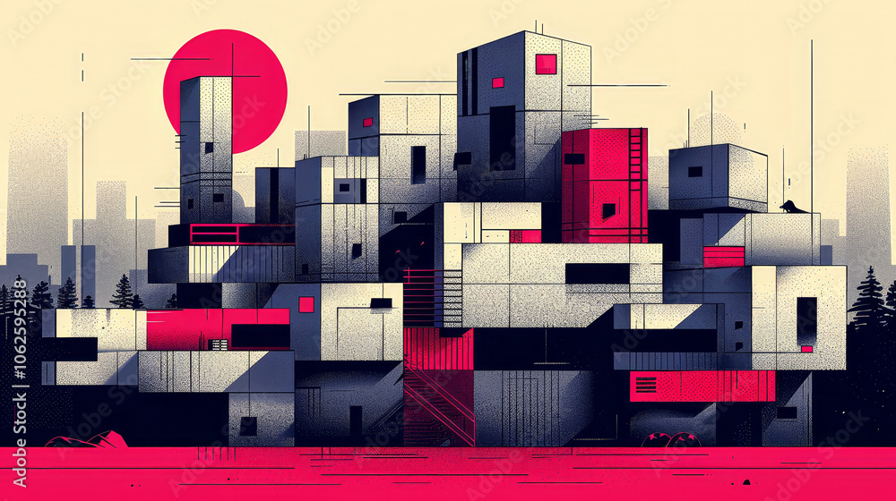 Poster a vibrant urban setting showcases an array of abstract structures with sharp lines and unique shapes