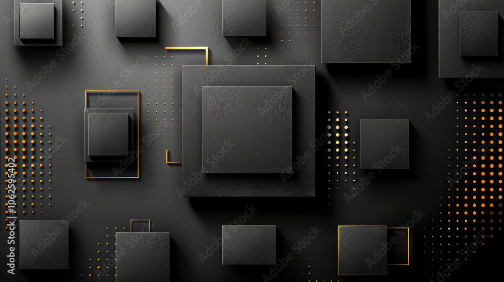 Poster a cluster of geometric black cubes and rectangles arranged in a modern composition, highlighted by s