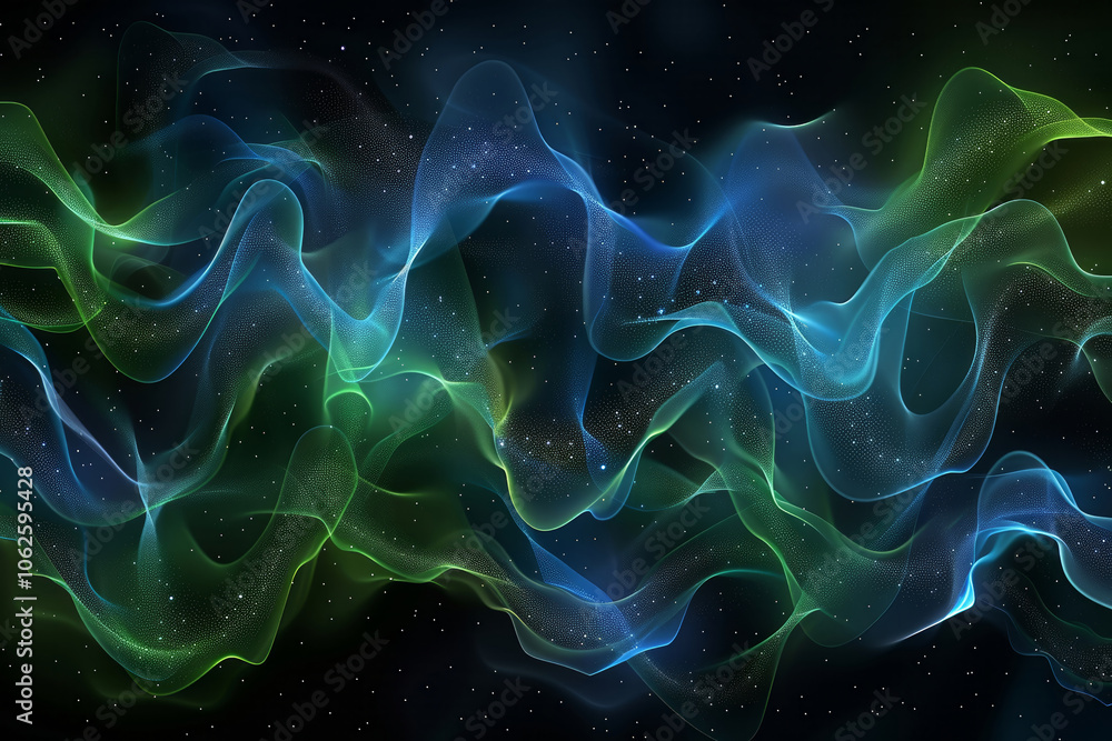 Poster curving waves of vibrant blue and green flow seamlessly across a dark backdrop, creating a mesmerizi
