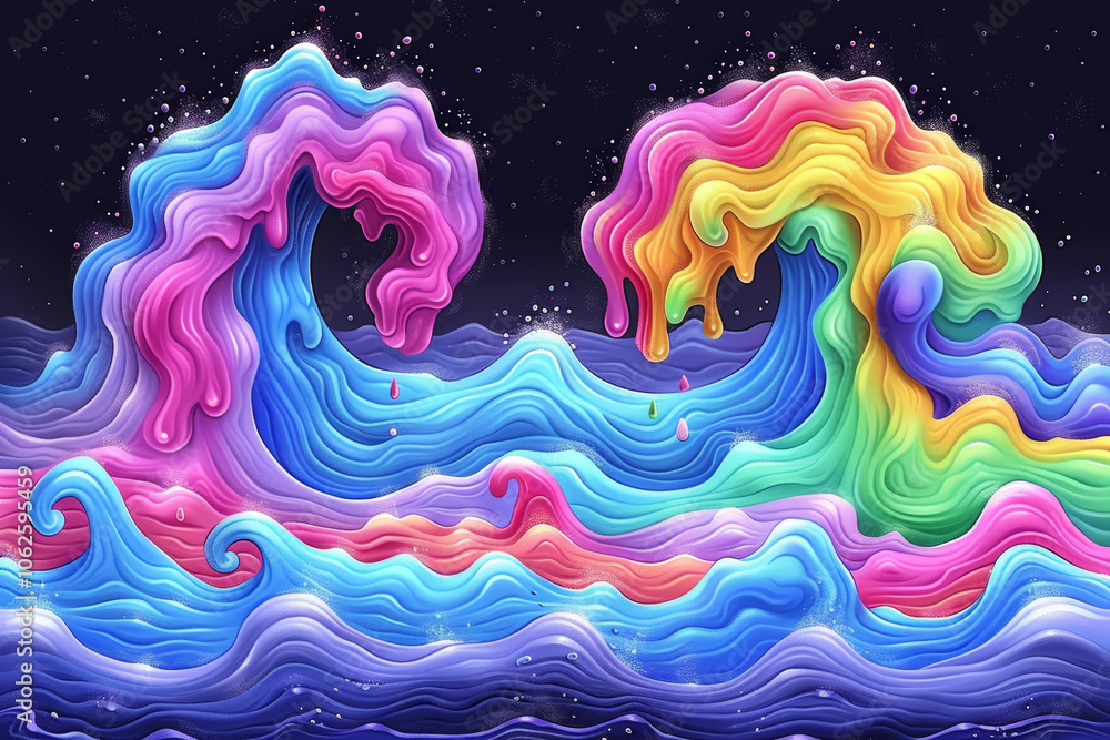 Poster an abstract representation showcases swirling waves in a blend of vibrant colors, creating a captiva