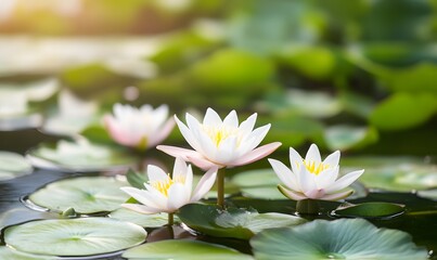 Lily pond and rice green plants in nature, Generative AI 
