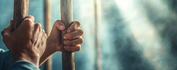 A close-up of hands gripping wooden bars, symbolizing struggle, confinement, and the desire for freedom and escape.