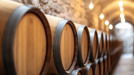 A close-up of wooden wine barrels neatly arranged in a rustic cellar, illuminated by soft ambient lights, showcasing their craftsmanship.