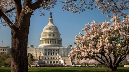 US Capitol Building with Blooming Trees in Spring