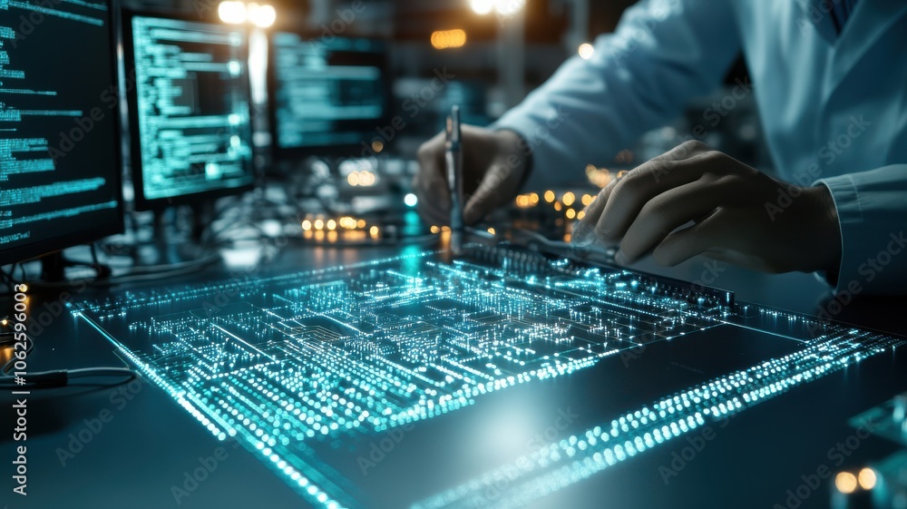 Poster a close-up view of hands working on a digital circuit design on a futuristic interface, showcasing t
