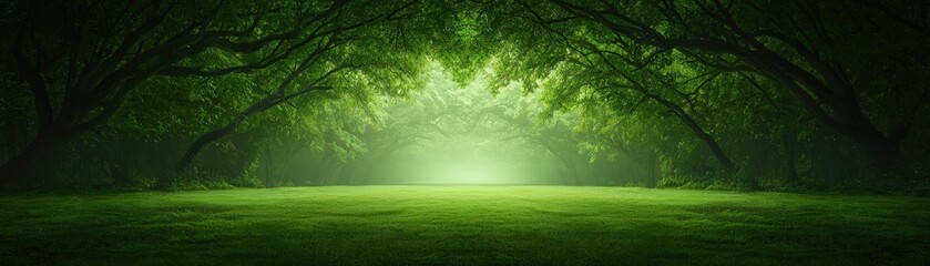 Fototapeta premium Serene Forest Path with Lush Greenery and Foggy Light