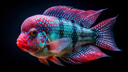 Fototapeta premium Candid Photography of Louhan Fish: Stunning Flowerhorn Cichlid Crossbreed Against a Black Background for Aquatic Enthusiasts and Fish Lovers