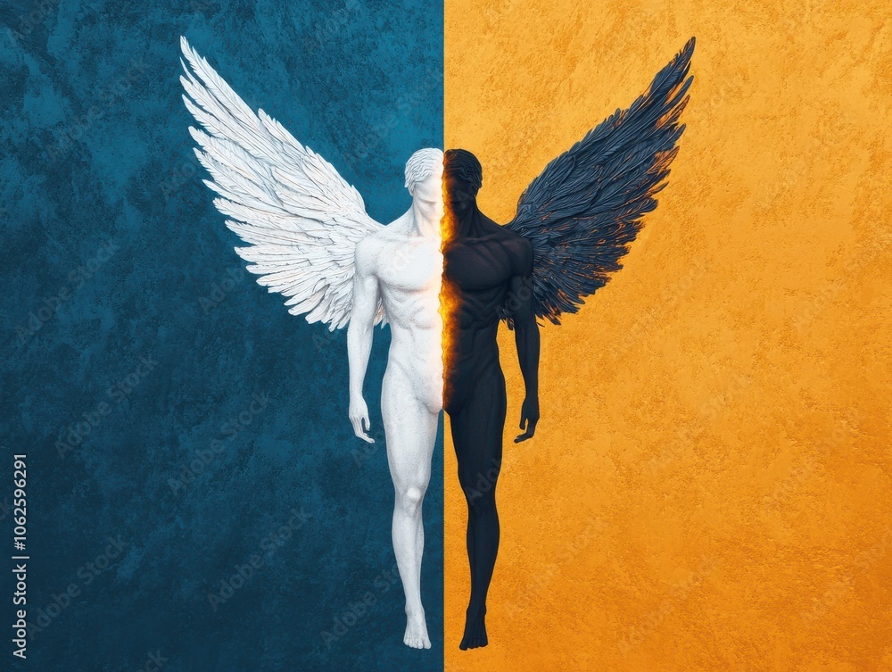 Poster A conceptual representation of duality featuring a winged figure split between light and dark colors, symbolizing balance and contrast.