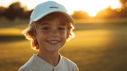 A joyful boy enjoys his golf training session, illuminated by the warm glow of sunset on the lush green course.