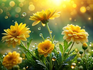 Obraz premium Captivating landscape photography featuring dew-kissed yellow flowers amidst lush greenery, showcasing nature’s beauty, perfect for nature enthusiasts and floral lovers alike.