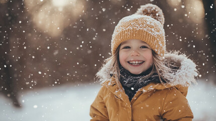 A joyful child wearing a yellow coat and hat smiles in the snowy landscape during winter