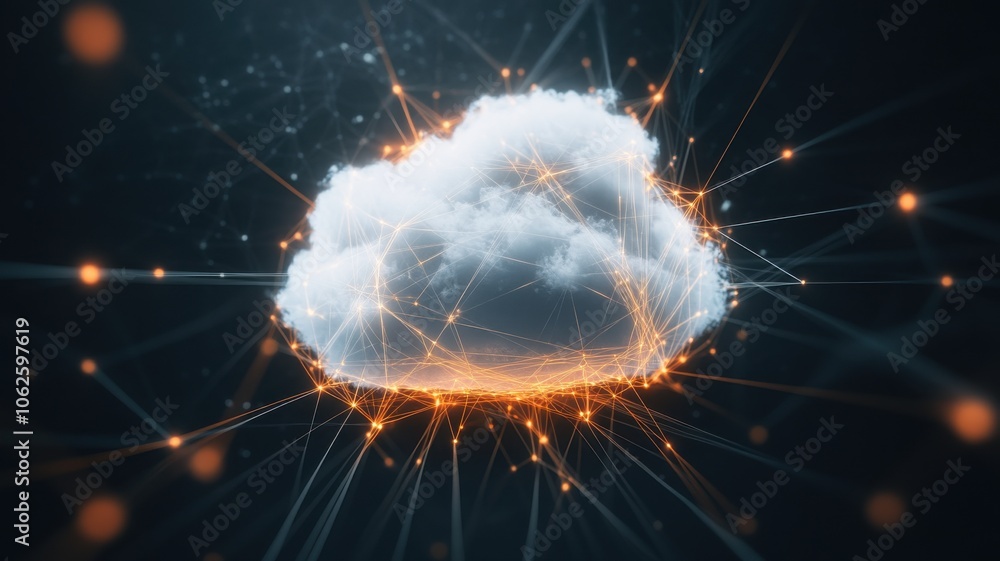 Poster a digital cloud connected by glowing lines, symbolizing data transfer and modern technology in a fut