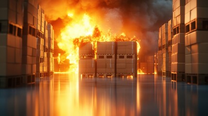 A dramatic scene of a warehouse fire, showcasing flames engulfing storage containers with reflections on water.