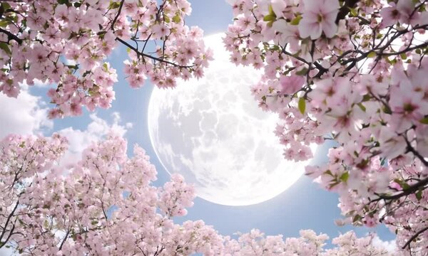 A serene scene of cherry blossoms framing a large, luminous moon against a clear blue sky.