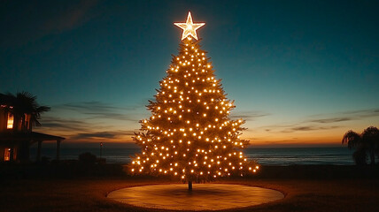 Christmas tree at night on the beach