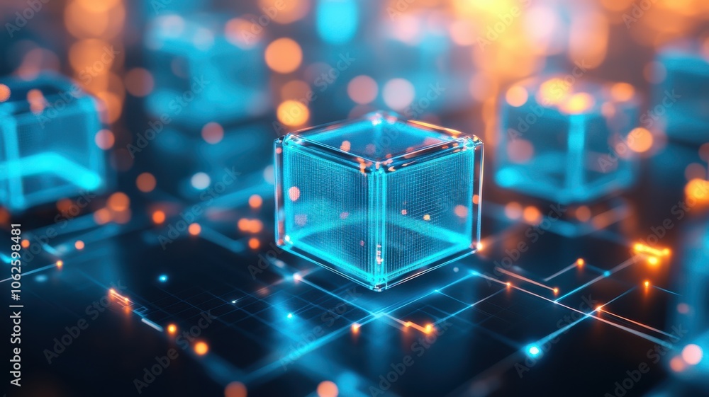 Poster a futuristic glowing cube design, showcasing digital technology concepts with vibrant colors and int