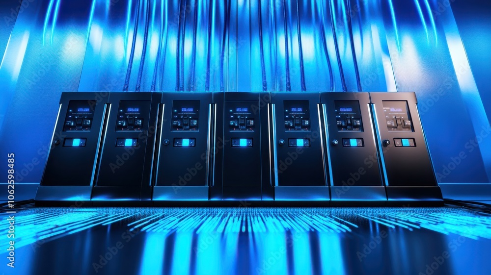 Aufkleber a futuristic, illuminated scene of multiple high-tech servers showcasing data storage and processing