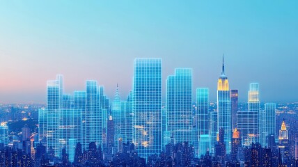 Obraz premium A futuristic city skyline featuring glowing skyscrapers against a twilight sky, showcasing modern architecture and urban development.