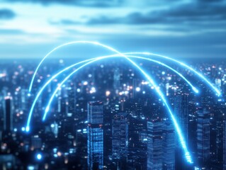 A futuristic cityscape with glowing lines representing data flow and connectivity between skyscrapers under a dramatic sky.